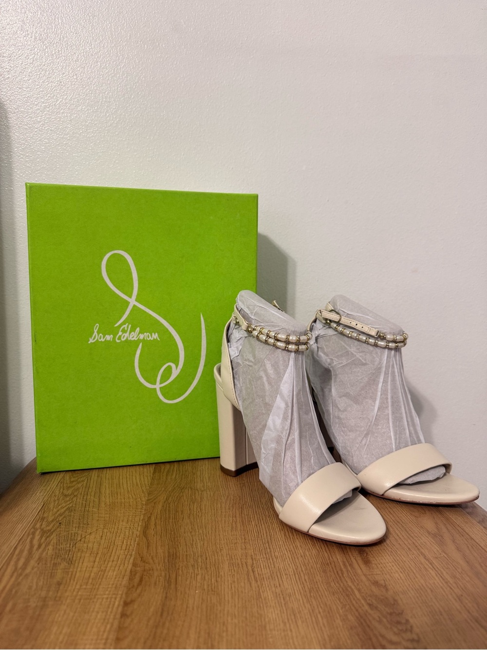 Sam Edelman Cream Beaded Block Heel Sandals with Ankle Straps